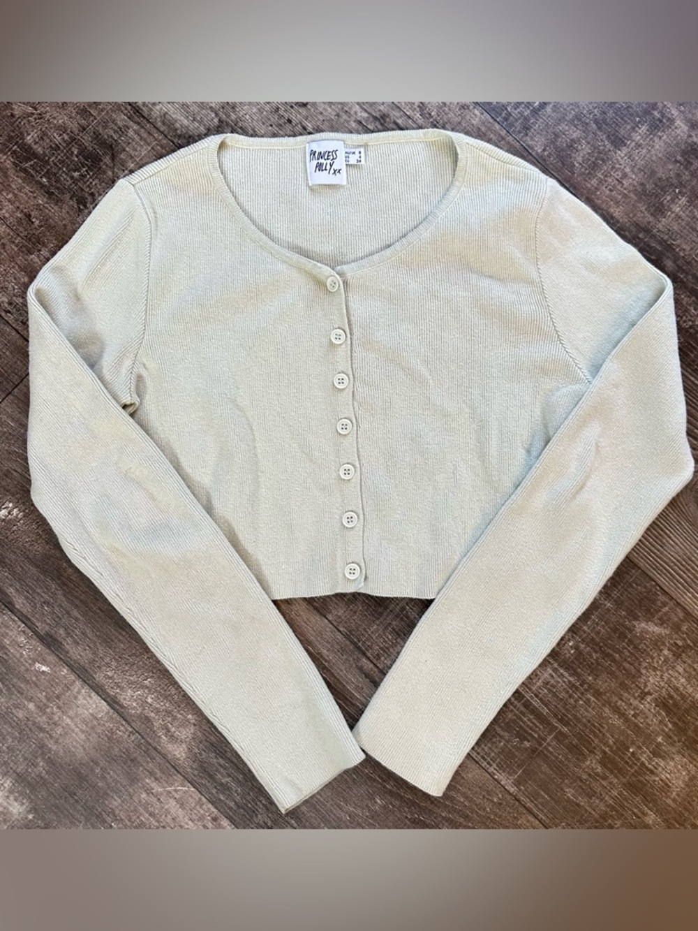 Princess Polly Sage Green Ribbed Cropped Cotton Cardigan Size 4